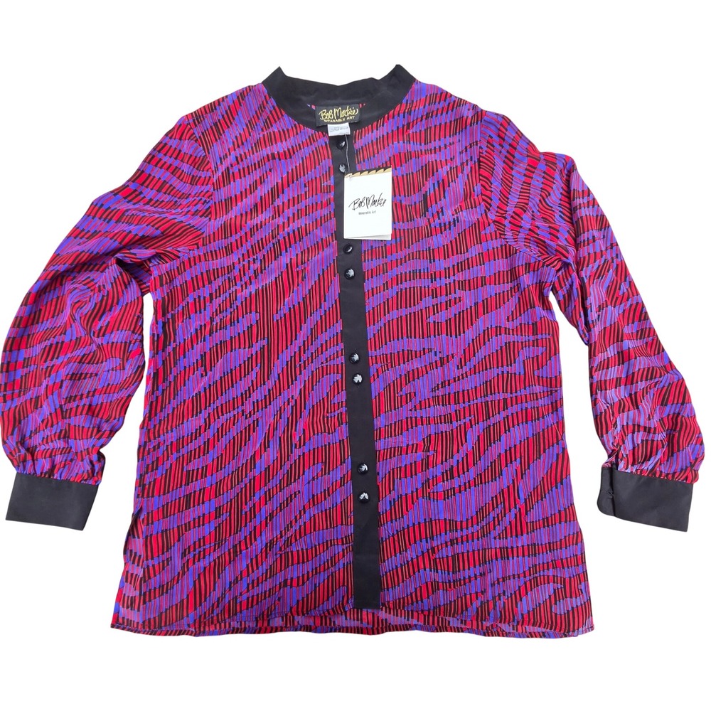 Bob Mackie Silk Blouse Women Medium Red Purple NWT Abstract Animal Print A73505